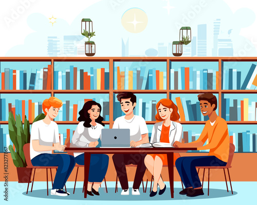 Vector illustration of a group of friends studying together in a modern library setting