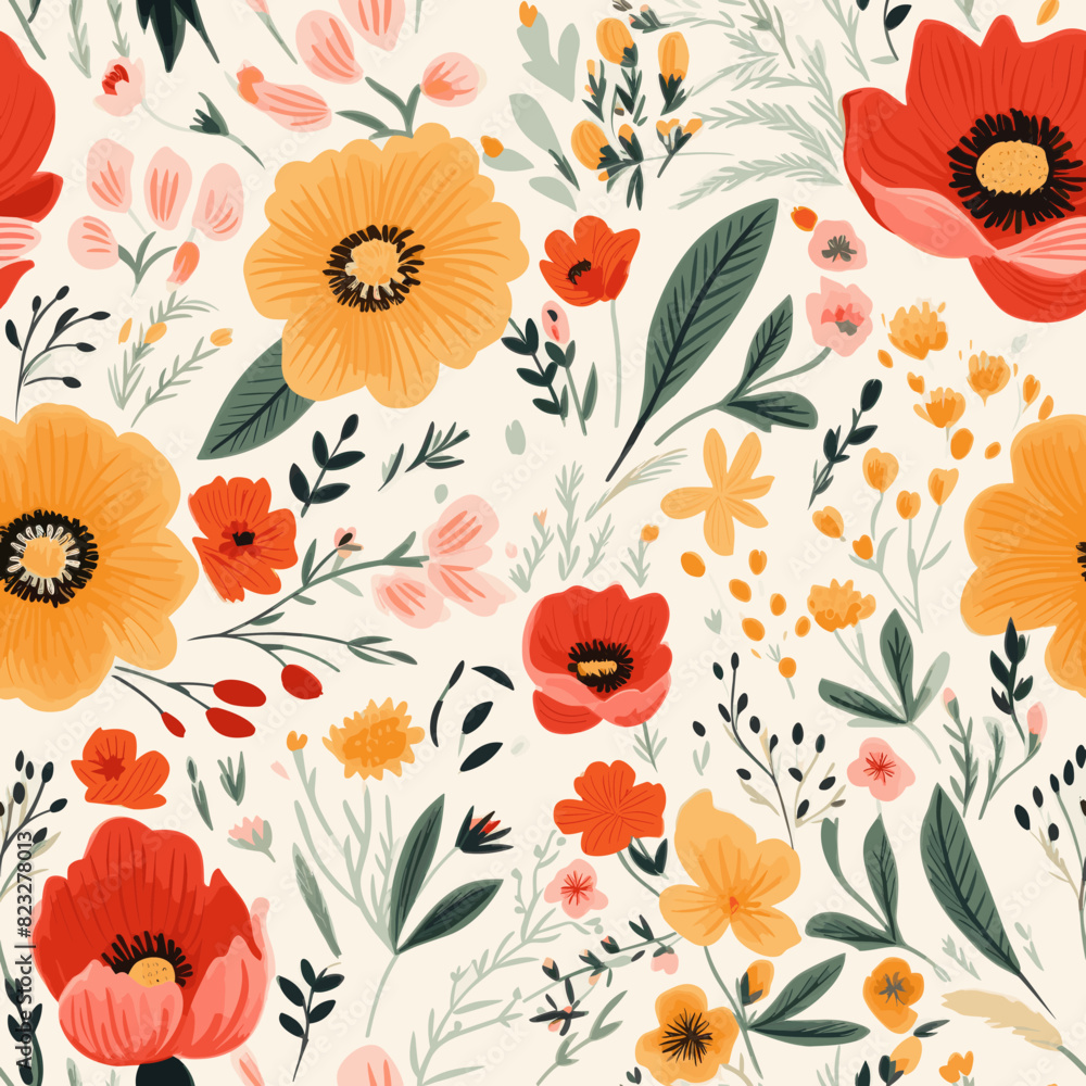 Vector of a boho-stye yellow and red poppy flowers on a white background Vector of a boho-stye yellow and red poppy flowers on a white background