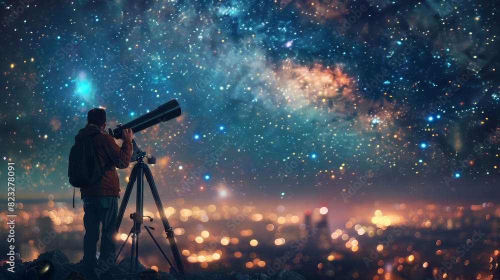 Fototapeta premium Depict a couple stargazing through a telescope on a rooftop, with the city lights twinkling below and the Milky Way visible above, Close up