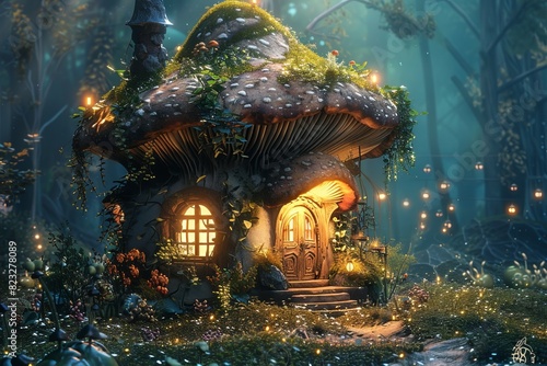 A whimsical mushroom house illuminated by warm lights, set in a lush, enchanted forest
