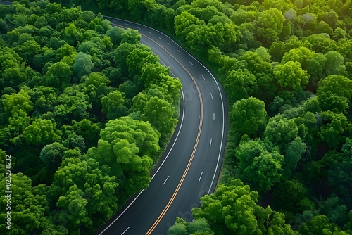 Scenic Curved Highway Through Lush Green Forest - Aerial View for Travel and Nature Concepts