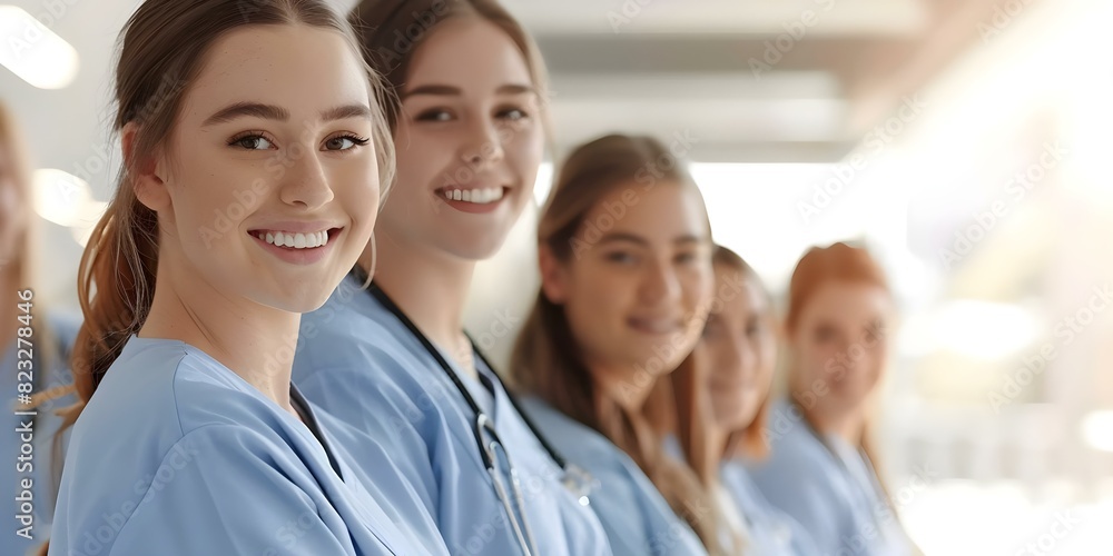 Nursing students training at college with medical colleagues smiling for camera. Concept Healthcare Education, Student Nurses, Medical Professionals, Smiling Group Photo, College Training