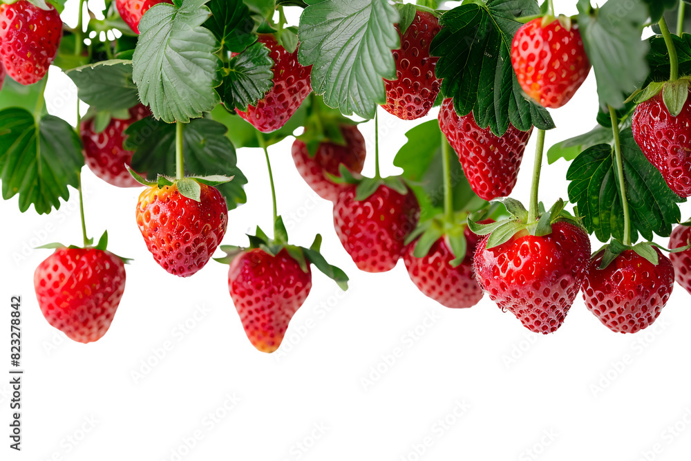 Portrait of fresh and hanging Strawberries isolated on a transparent background Portrait of fresh and hanging Strawberries isolated on a transparent background