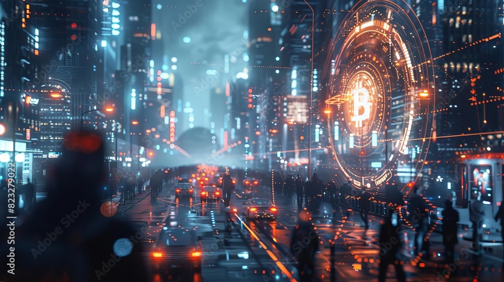 Depict a futuristic city where cryptocurrency is the primary medium of exchange, with people using digital wallets for everyday transactions, Close up Depict a futuristic city where cryptocurrency is the primary medium of exchange, with people using digital wallets for everyday transactions, Close up