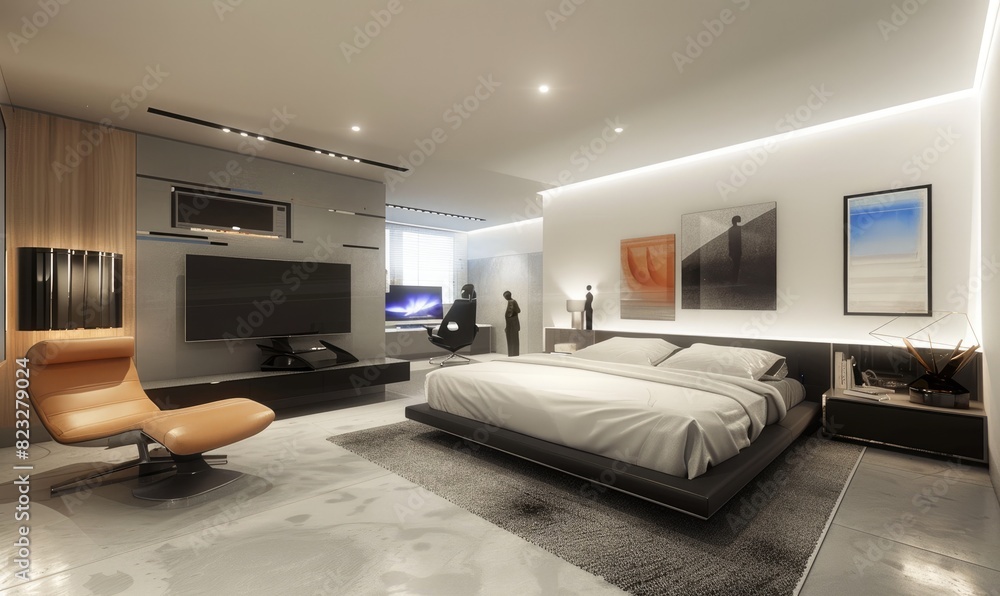 A modern industrious design bedroom with king bed. Concrete floor, LED light strip, abstract art A modern industrious design bedroom with king bed. Concrete floor, LED light strip, abstract art