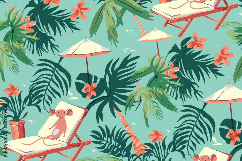 Whimsical Seamless Pattern with Sunbathing Rat on Tropical Beach Lounger, Cute Mouse Enjoying Exotic Vacation Travel, Doodle Texture Wallpaper Template