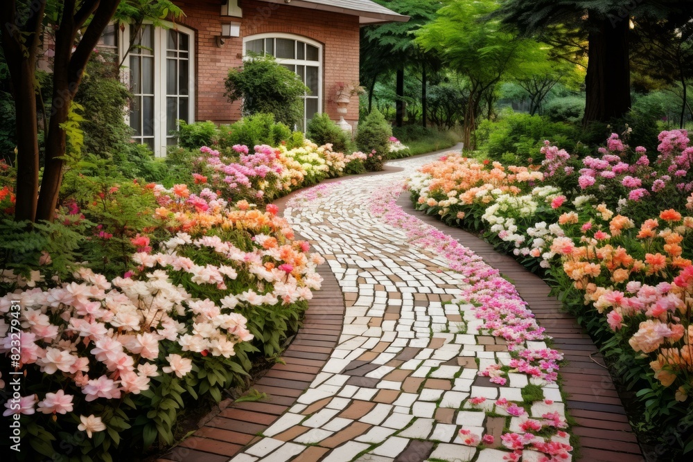 Fragrant Tile path backyard flowers. Summer grass. Generate Ai