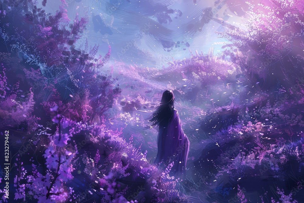 A woman in a purple dress standing in a dreamy, ethereal landscape with abundant, vibrant purple flowers under a serene sky.