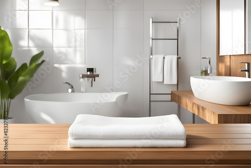 Towel Background Play Stage Product Bathroom Poduim Blur Display Dice Wooden Table Board White Lifestyle Care Tile Furniture Beauty Leaf Stage Rack  AI generative