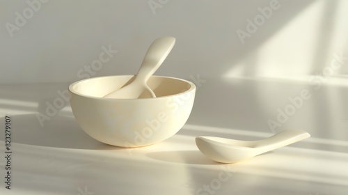 A detailed 3D render of a baby feeding spoon and bowl set