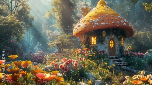Charming fairy-tale mushroom house nestled in a vibrant, flower-filled garden within an enchanted forest