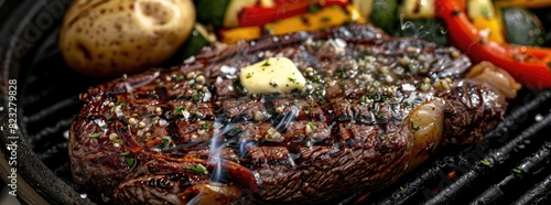 A sizzling steak fresh off the grill perfectly seared and garnished with a pat of melting butter and a sprinkle of chopped herbs served alongside grilled vegetables  photo