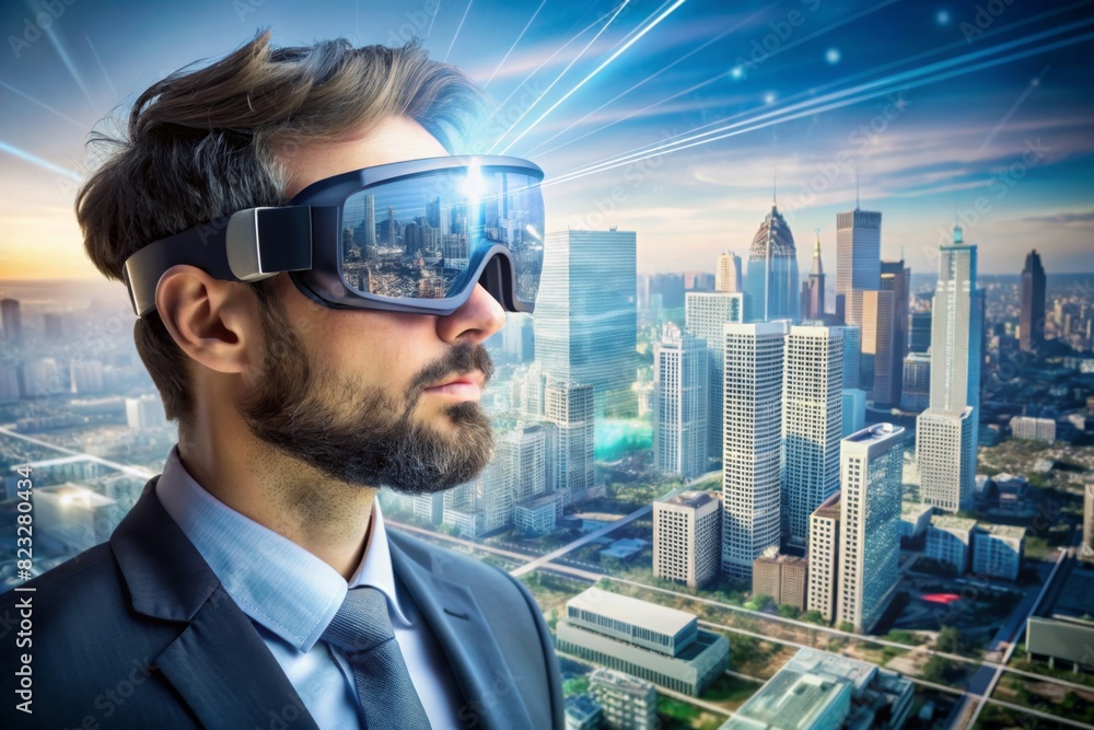 Fototapeta premium A city planner using AR glasses to visualize and design urban development projects in real-time, overlaying plans onto the actual landscape.