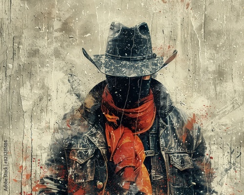 Abstract painting of a cowboy with hat and scarf, blending colors and textures in a dramatic effect.