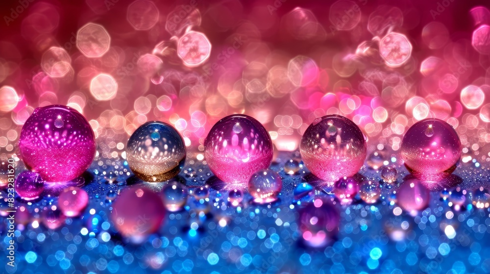 Colorful Water Droplets on Sparkling Surface With Bokeh Lights at Night Colorful Water Droplets on Sparkling Surface With Bokeh Lights at Night