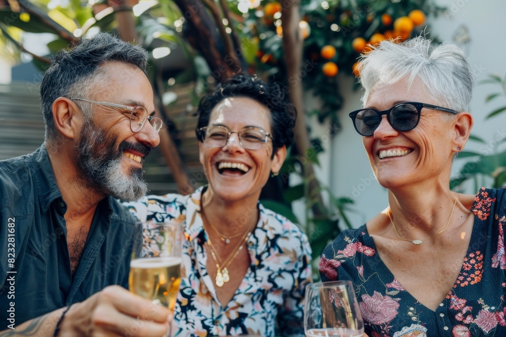Group of happy senior friends toasting with glasses of champagne in the garden Group of happy senior friends toasting with glasses of champagne in the garden