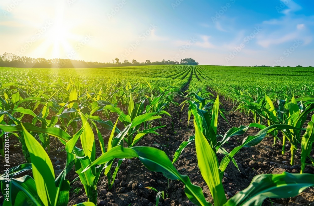 A green cornfield under the sun, with rows of tall and lush corn plants stretching into the distance A green cornfield under the sun, with rows of tall and lush corn plants stretching into the distance