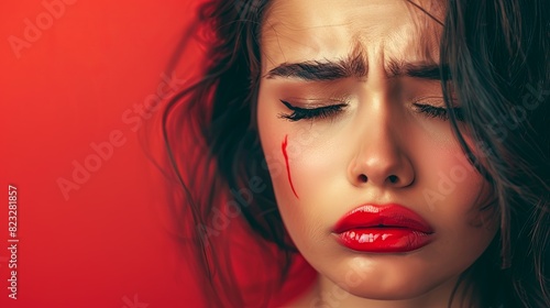 Wallpaper Mural A young womans eyes are closed, tears stream down her face, smudged red lipstick, and mascara runs, with blood on her face. Generative AI Torontodigital.ca