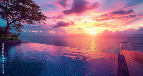 High-end stock image of an infinity pool overlooking the ocean in front of the luxury resort early in the morning 