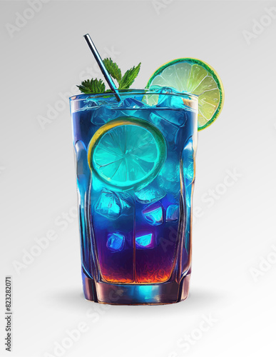 A drink with straw, ice and lime. Multicolor beverage isolated, vector image.