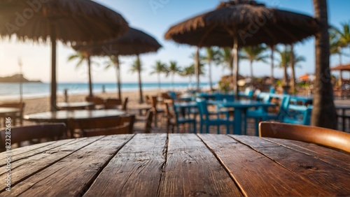 Wooden table and blur beach cafes background