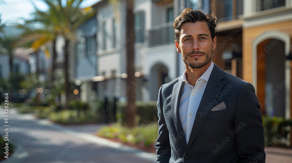 Confident businessman in a modern suit standing on a stylish street lined with palm trees, exuding professionalism and elegance. Confident businessman in a modern suit standing on a stylish street lined with palm trees, exuding professionalism and elegance.