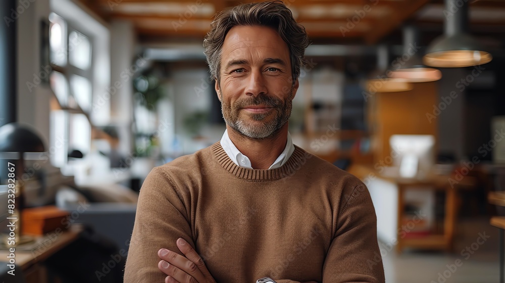 Confident mature man smiling with arms crossed in a modern office setting, showcasing professionalism and success. Confident mature man smiling with arms crossed in a modern office setting, showcasing professionalism and success.