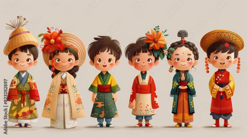 Cartoon vector of children in traditional clothing from different cultures, celebrating Children's Day together with cultural performances Generative AI Cartoon vector of children in traditional clothing from different cultures, celebrating Children's Day together with cultural performances Generative AI