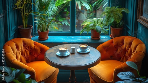 Cozy cafe corner with two orange chairs, round table, coffee cups, lush green plants, and teal walls near a window. Perfect for a serene coffee break.
