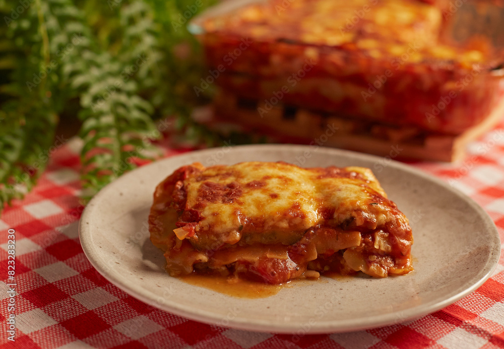 Lasagna in a plate on a checkered tablecloth Lasagna in a plate on a checkered tablecloth