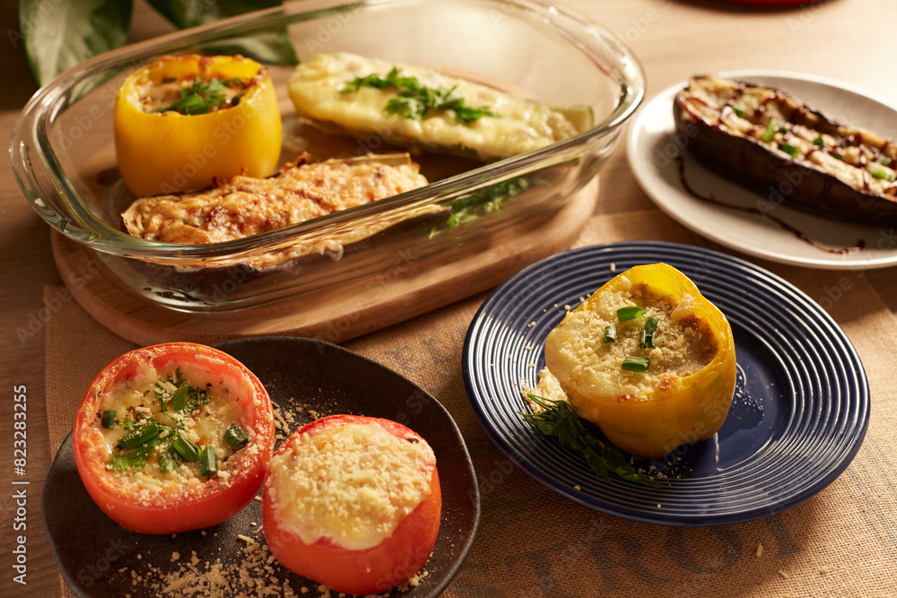 Roasted stuffed vegetables on a table Roasted stuffed vegetables on a table