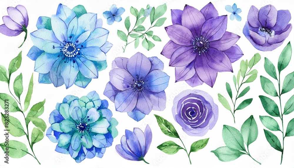Watercolour floral illustration set. DIY violet purple blue flowers, green leaves elements collection - for bouquets, wreaths, wedding invitations, prints, fashion, birthday