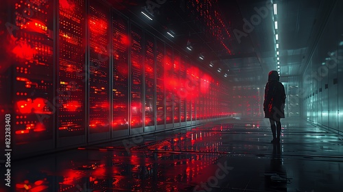 Silhouette of a person standing in a dark server room illuminated by red lights  reflecting off the polished floor  creating an eerie ambiance.