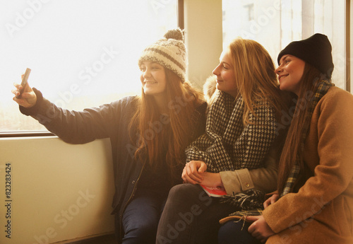 Teenage Girls Sitting on Train Taking Selfie
 photo