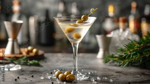 cocktail presentation, a martini, shaken and poured into a chilled glass with olives at the bottom, presents a visually appealing treat photo