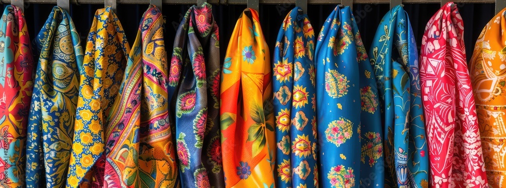 Colorful silk scarves draped over a display stand each adorned with vibrant patterns and intricate prints inspired by nature and culture offering endless possibilities for adding flair and personality