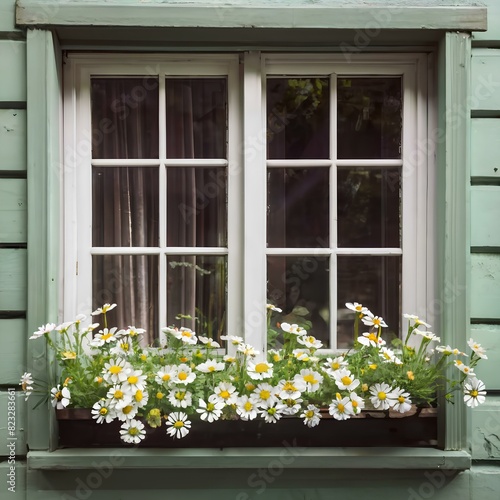 A picture of daisies decorating the window of a small house decorated in a cute style