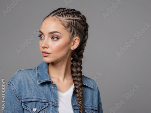 a woman with braids in her hair is wearing a white shirt with a black and white shirt