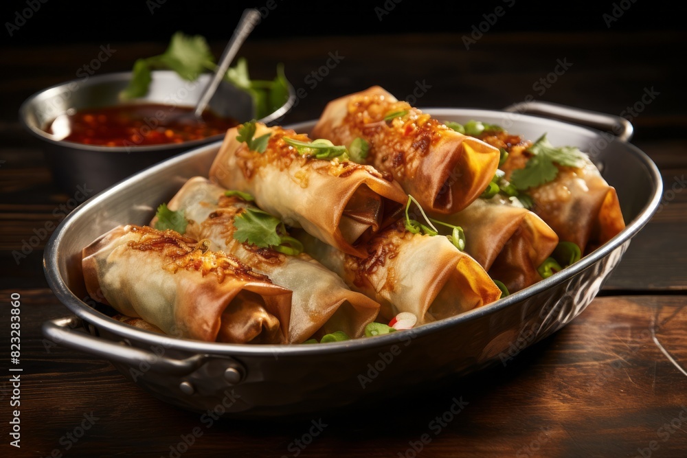 Exquisite spring rolls on a metal tray against a white background Exquisite spring rolls on a metal tray against a white background