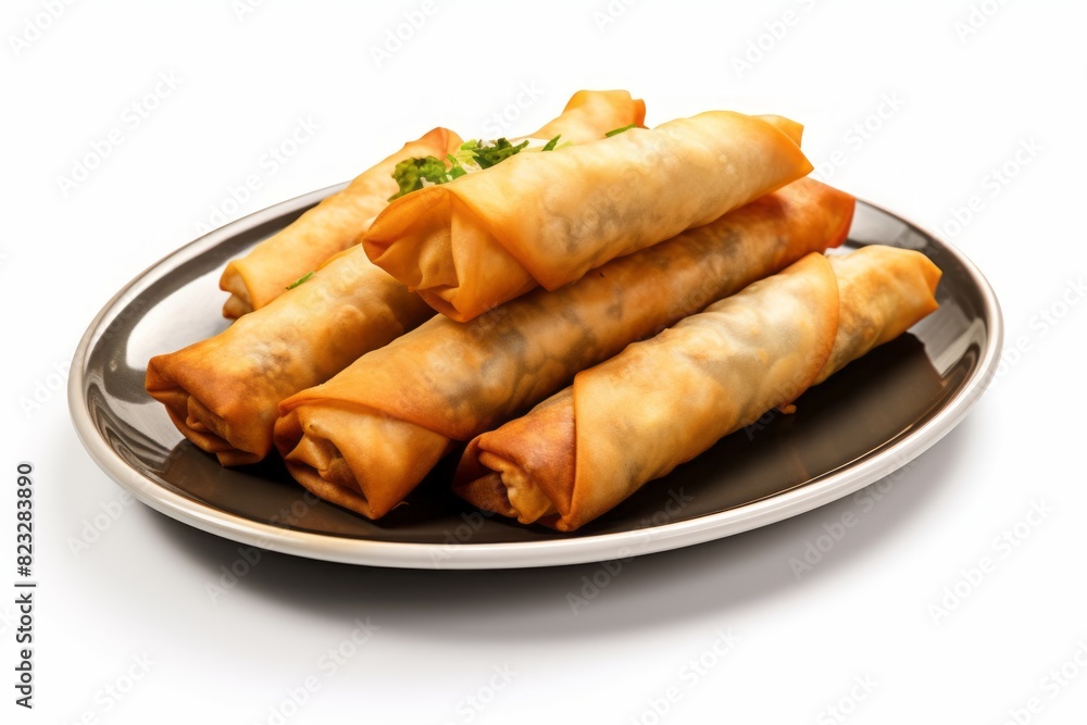 Exquisite spring rolls on a metal tray against a white background
