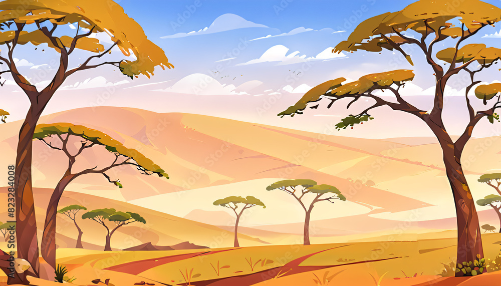 Endless Desert with Iconic Acacia Trees Vector Art Background