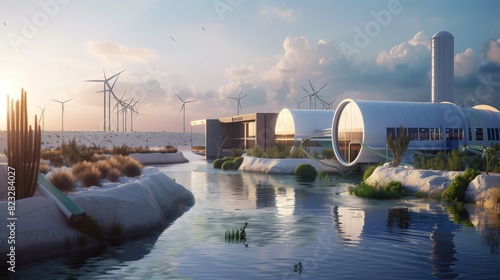 A clean energy hub with advanced desalination, hydrogen fuel cells, and a renewable-powered eco-city.