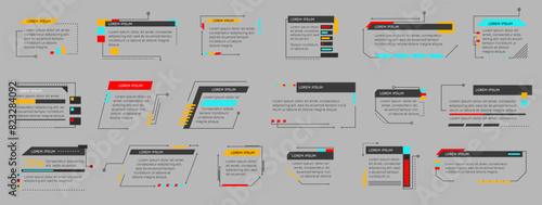 Hud callout titles. Futuristic text boxes, digital callouts bar labels. Digital futuristic infochart for visualization objects. Interface elements HUD, UI, GUI.