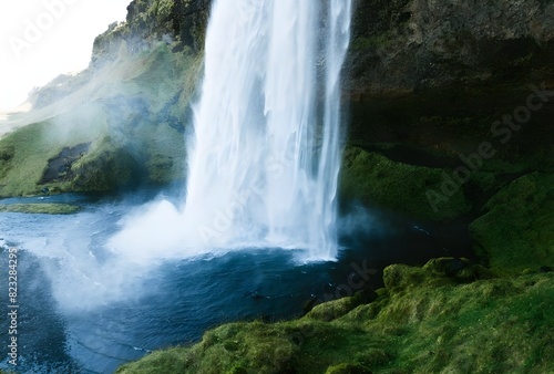 A waterfall cascades into a pool of water below  surrounded by grassy cliffs.