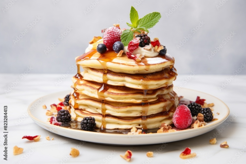 Exquisite pancakes on a marble slab against a white background