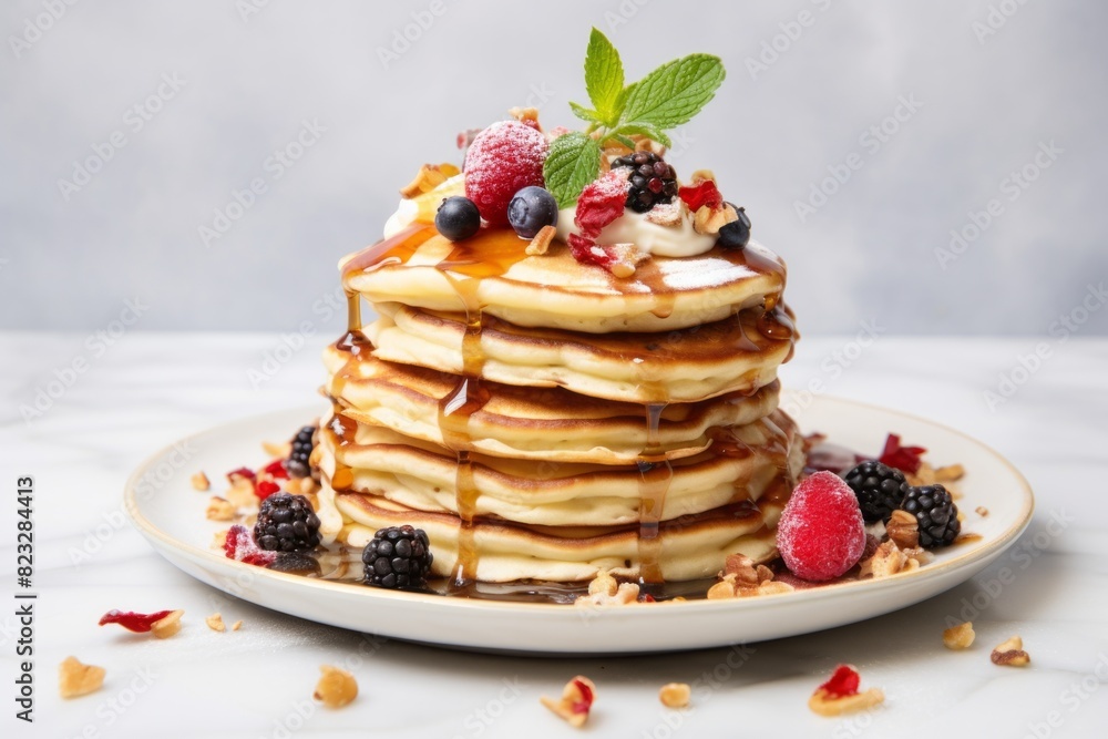 Exquisite pancakes on a marble slab against a white background Exquisite pancakes on a marble slab against a white background
