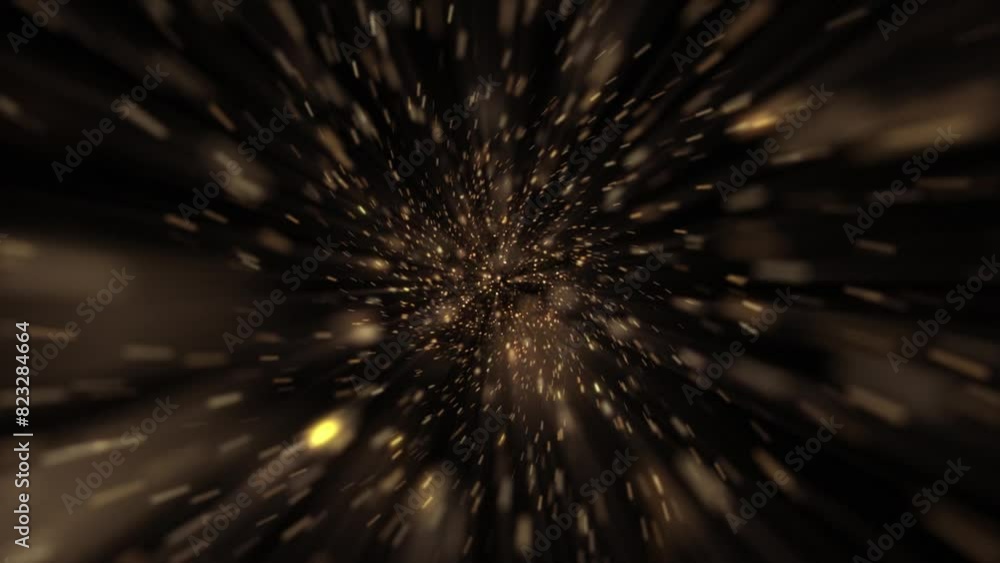 Cosmic interstellar hyperspace motion background animation. Flying at warp speed through a tunnel of glowing golden stars and particles in space. Galaxy starburst explosion animation. Cosmic interstellar hyperspace motion background animation. Flying at warp speed through a tunnel of glowing golden stars and particles in space. Galaxy starburst explosion animation.