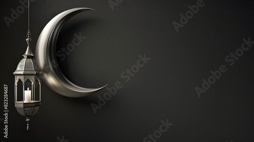 Eid Banner with Crescent Moon and Lantern on Black Background.