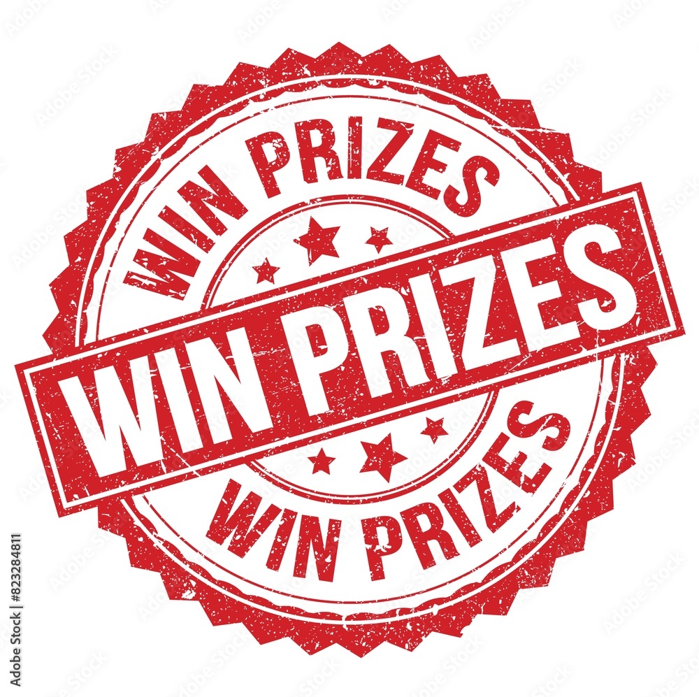 WIN PRIZES text on red round stamp sign WIN PRIZES text on red round stamp sign