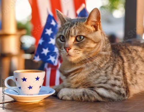 Creative concept image of happy cat sitting at the cafe with holiday 4th of July decorations flags celebrating and drinking coffee in cup mug.